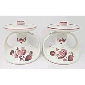 Pair Vintage Delft Red 5.5"H/W Candlesticks Holland Rare U28